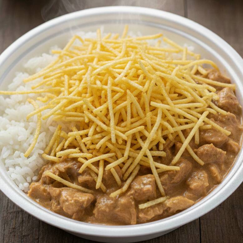 Marmita com delicioso filé de frango ao molho estrogonofe acompanhado de arroz branco e batatas fritas.. Acompanha refrigerante lata Guaraná Antárctica lata 350ml bem gelada. Marmita indicada para 01 pessoa.