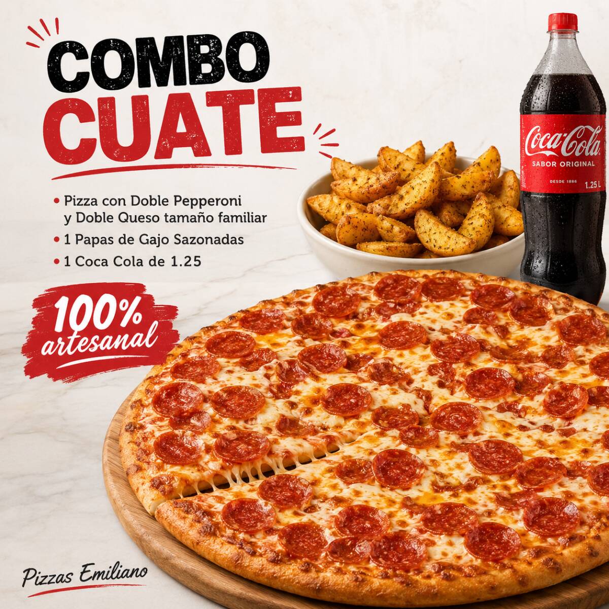 COMBO CUATE - Pizza + Papas + Coca Cola