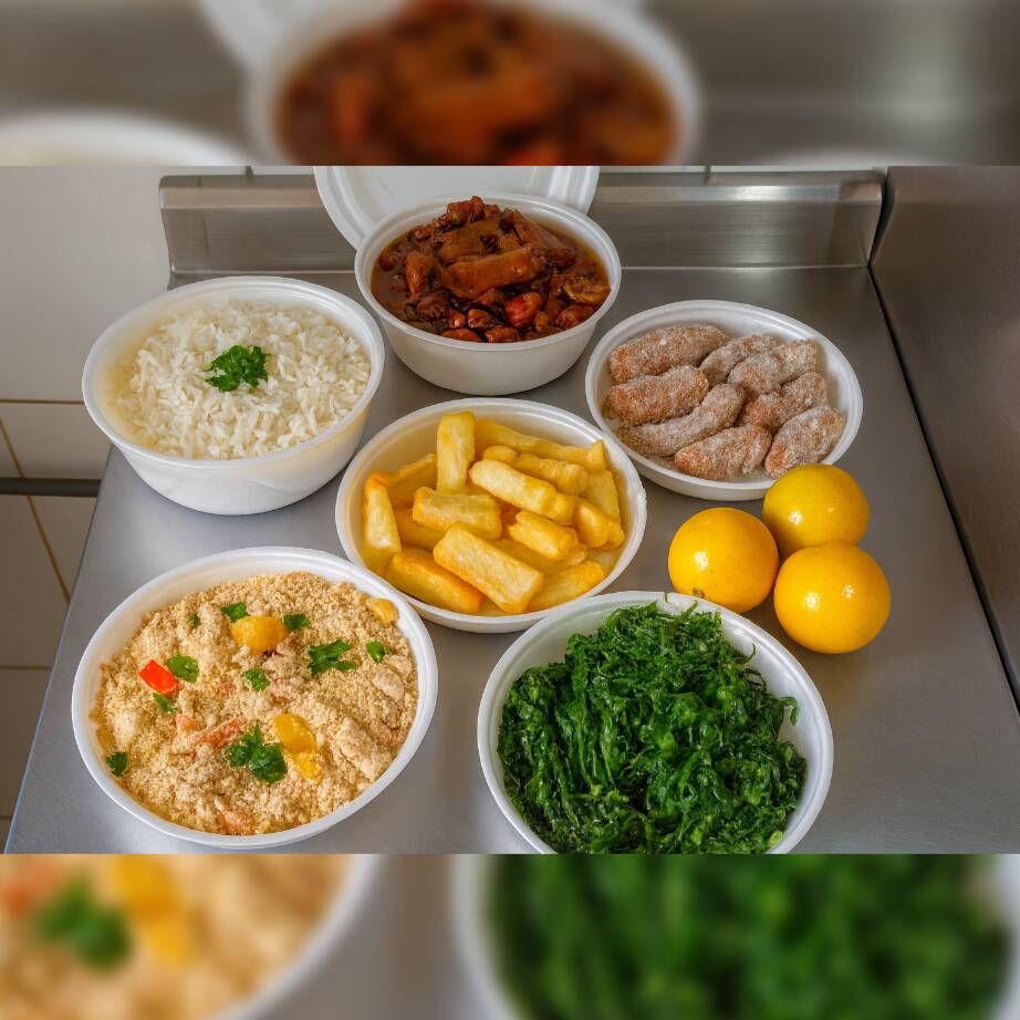 Feijoada + complementos(Arroz, farofa, couve, mandioca frita e banana frita) todos separados