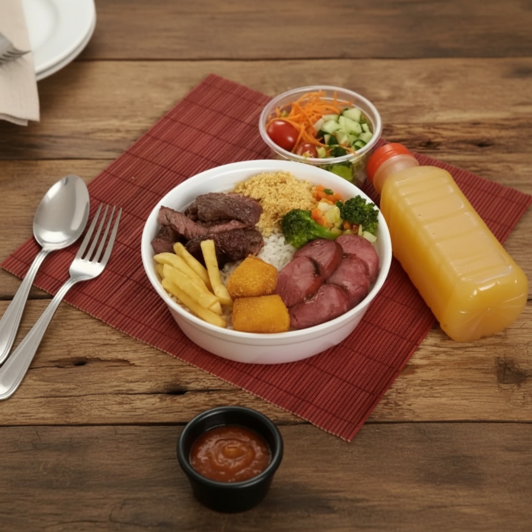 550 gr Acompanha Arroz,Feijão+2 Proteína + 3 Guarnição ️Refeição completa pra matar a fome e aquecer o coração.