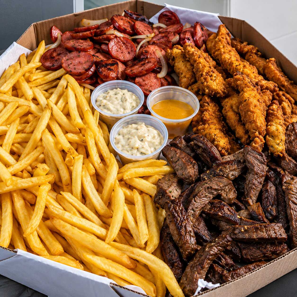 Box com batata frita, calabresa acebolada, fraldinha macia e frango crocante.