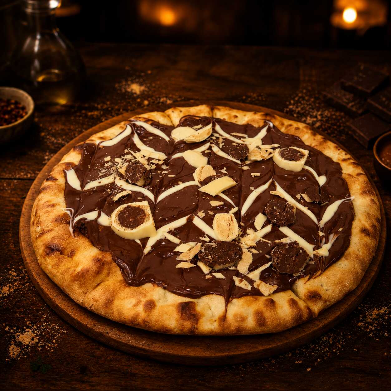 Massa artesanal da casa, chocolate ao leite derretido, chocolate branco e pedaços de Ouro Branco, criando uma combinação cremosa, crocante e bastante convidativa.