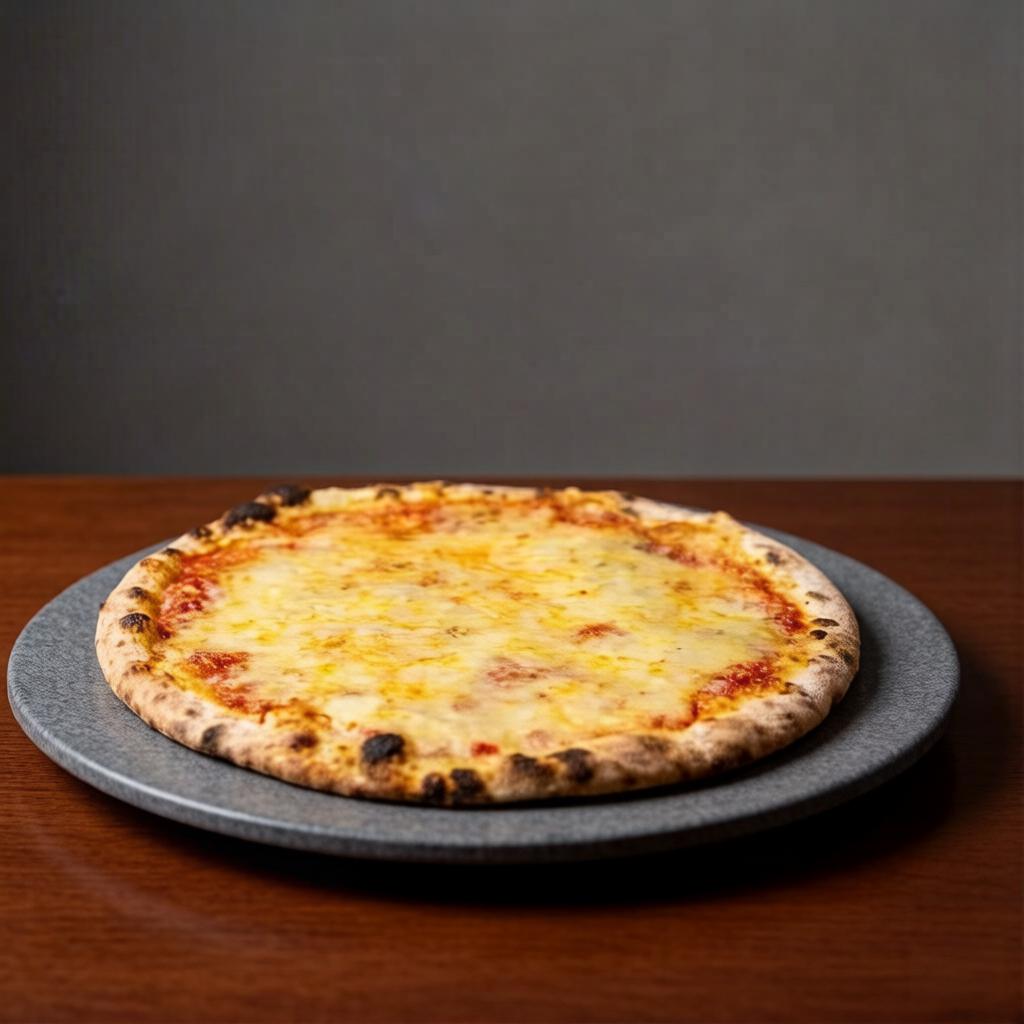 Massa de pizza fininha com molho de tomate Italiano, alho refogado salpicado com parmesão