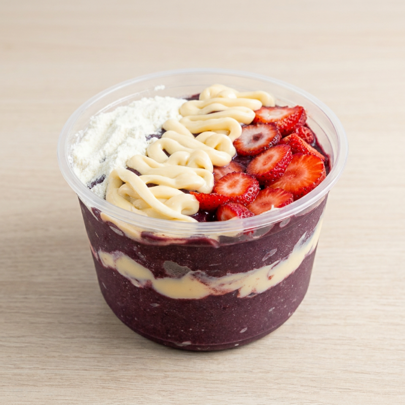 Açai, creme Ninho, morango e leite em pó 1º camada: Açai - 2º camada: Creme Ninho, morango, leite em pó - 3º camada: Açai - 4ª camada: Creme Ninho, morango e leite em pó