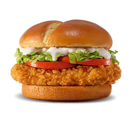 Sanduíche composto pelo novo pão do Méqui, peito de frango temperado empanado, maionese, alface américa e tomate.