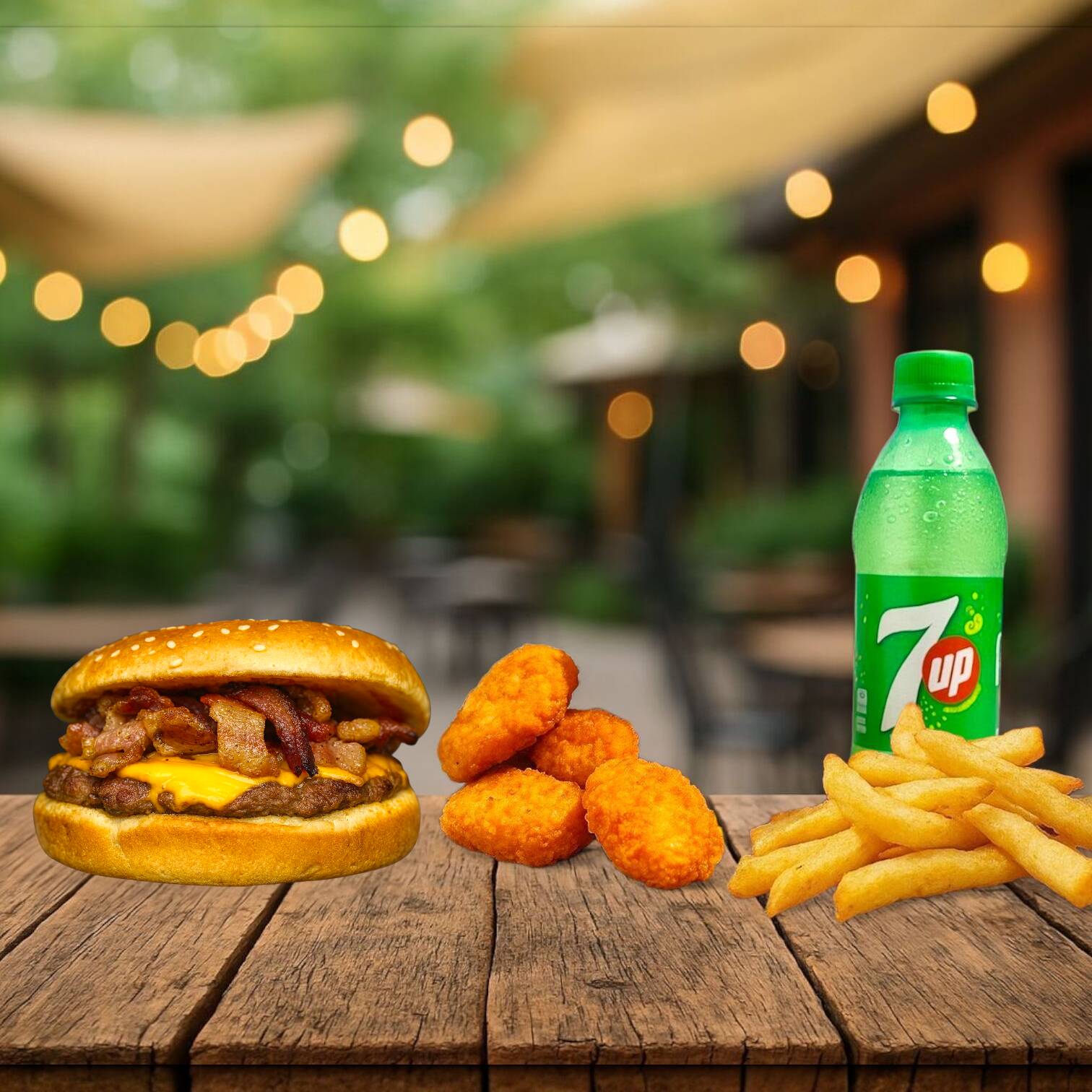 Cheeseburger Con Tocino + Nuggets + Papas + Bebida