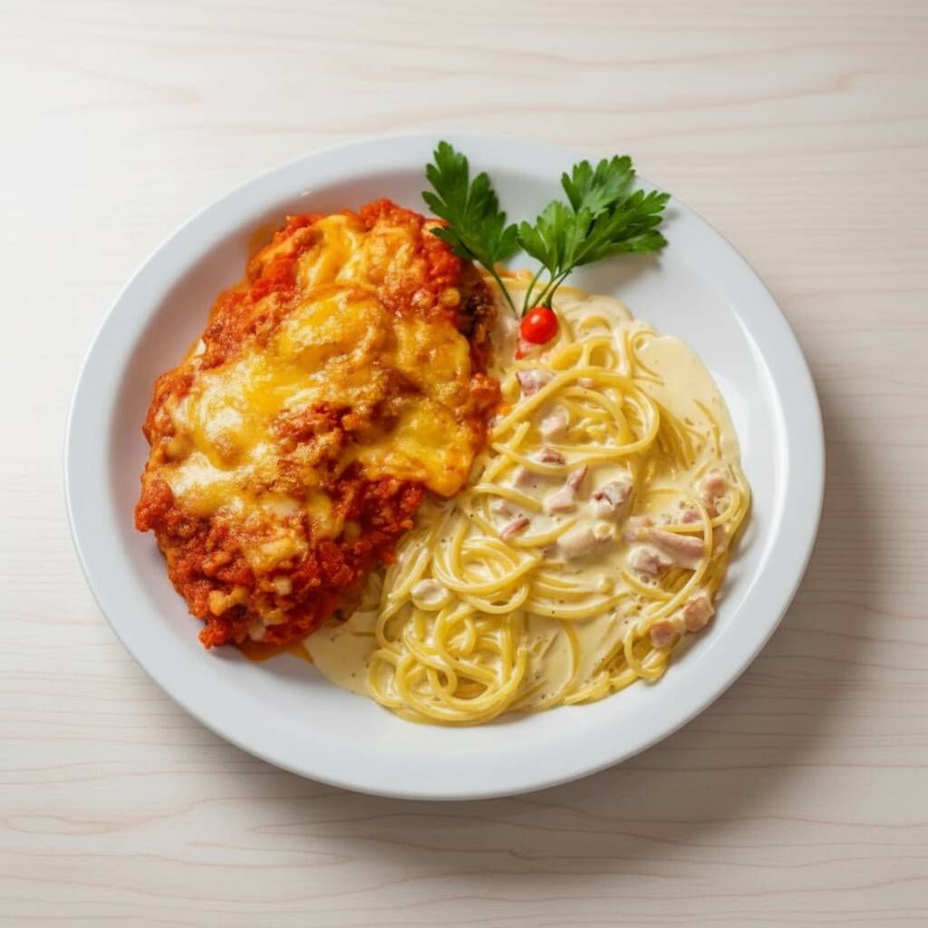 File de alcatra empanado, frito e recheado com queijo e presunto, coberto por molho de tomate e queijo gratinado.