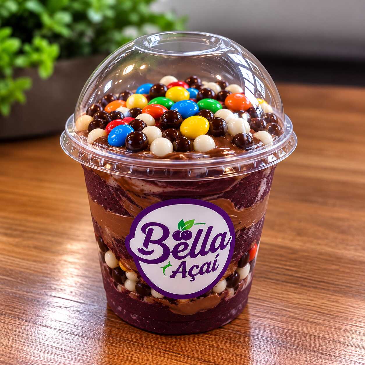 Açaí cremoso com creme de avelã, Chocoboll e confetes de chocolate coloridos. Uma combinação divertida, crocante e deliciosa feita especialmente para os pequenos!
