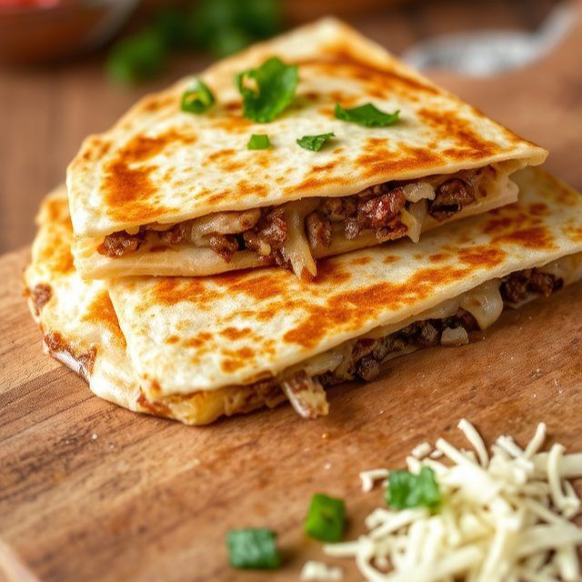 Uma explosão de queijos! Proteinas super temperadas na Tortilla de trigo fina e macia, tostada na chapa e Cortadas como fatias de pizza, acompanha cheddar defumado, cream cheese + salada de flakes de repolho fininho + molho especial defumado de alho.