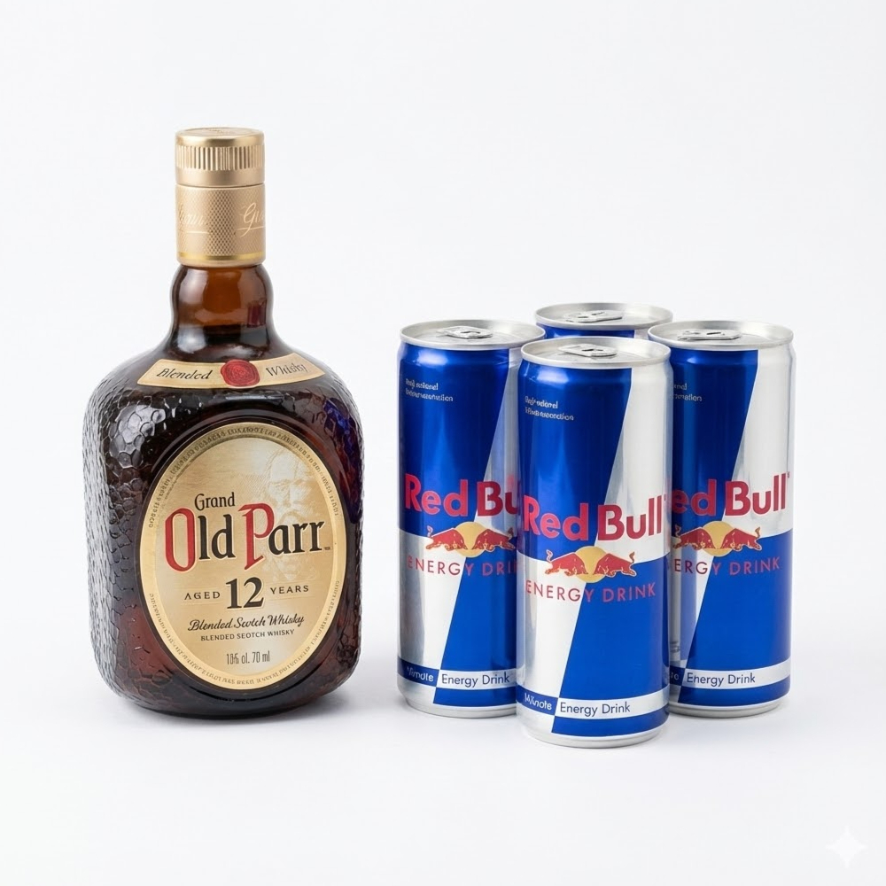 Old Parr Completo – Com 4 Red Bulls e 4 Gelos Descrição: Combo para chegar gelando na sua casa. 1x Whisky Old Parr 1L (Original) 4x Red Bull (Escolha os sabores nos complementos) 4x Gelo de Sabor (Escolha os sabores nos complementos) Selecione as opções abaixo e finalize seu pedido!