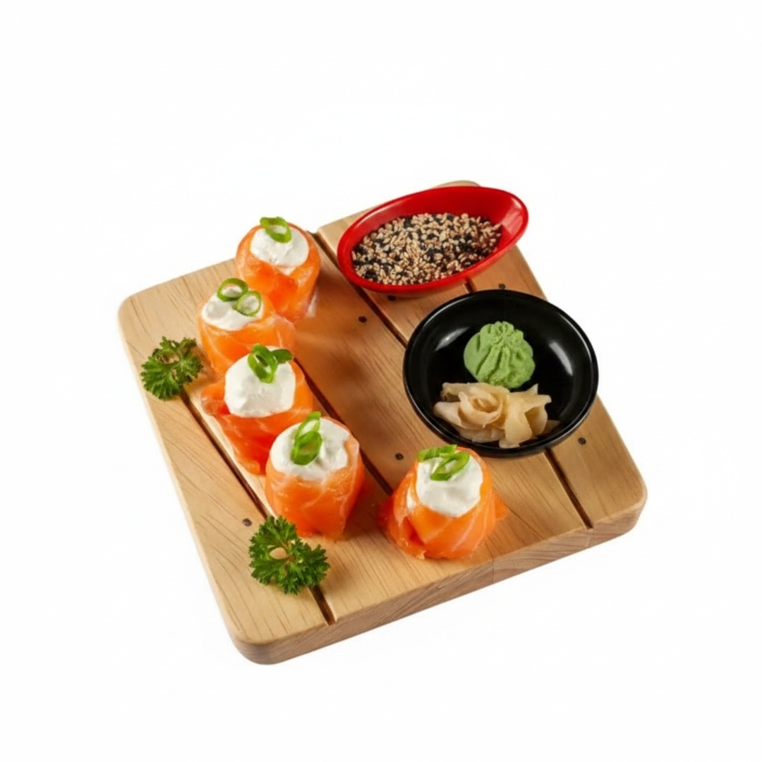 Tira de salmão recheada com cream cheese finalizada com cebolinha