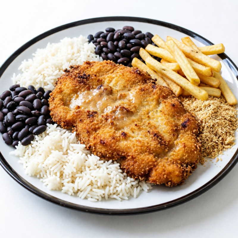 Frango a milanesa, arroz, feijão, fritas e farofa.
