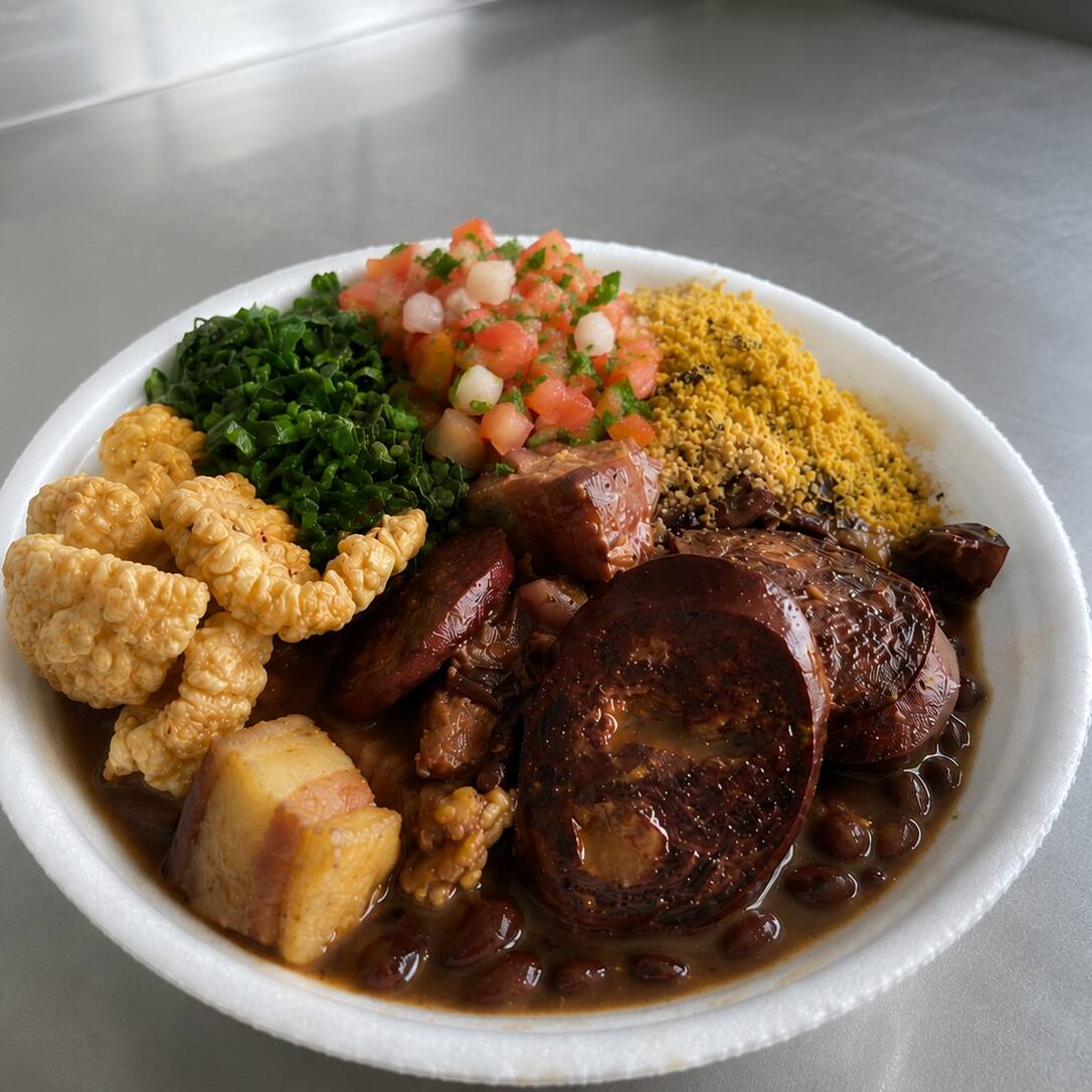 Arroz fresquinho, feijoada somente com Calabresa, Paio, Carne seca, Bacon, costelinha suína e pernil, couve refogada, Torresmo crocante, Farofa de calabresa e vinagrete temperado.
