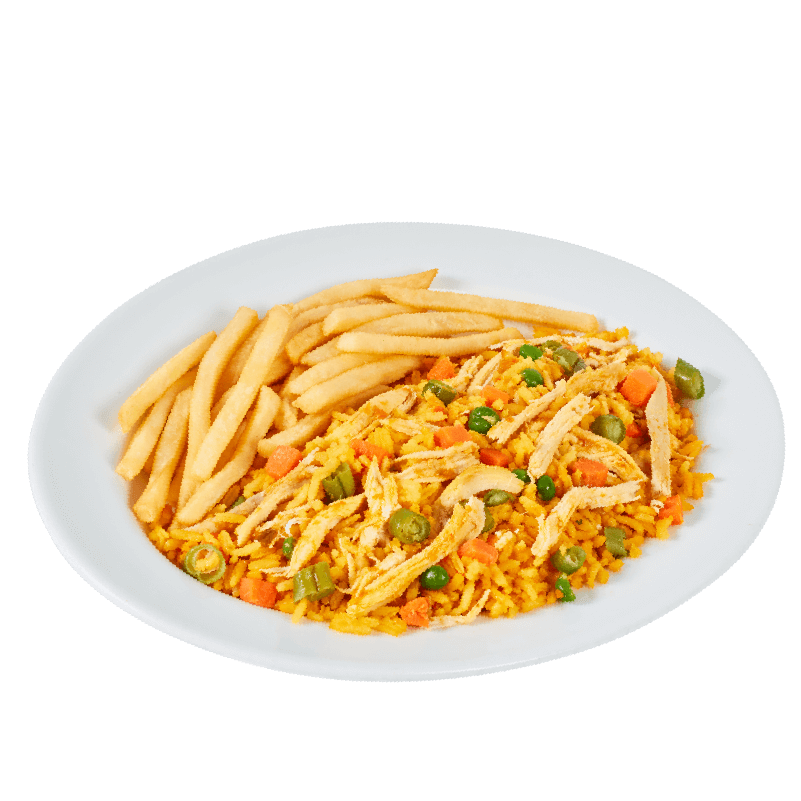 ARROZ CON POLLO Y PAPAS FRITAS