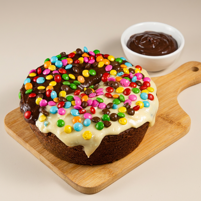 Bolo de chocolate caseiro e fofinho, com cobertura cremosa de ninho e chocolate finalizada com confeitos coloridos. Um bolo artesanal perfeito para o café da tarde, festas ou aquele momento especial de conforto e felicidade.