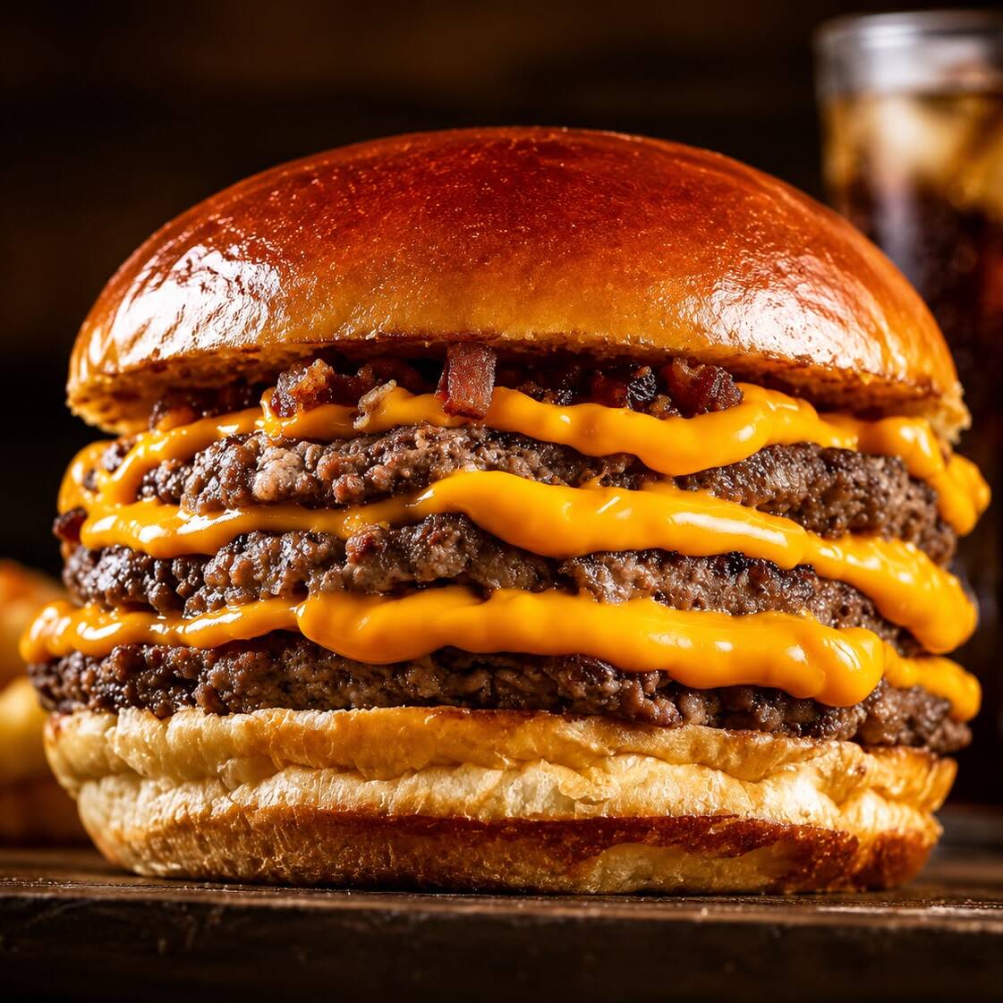 O 'Triplo Cheddar' é um esplêndido prato da categoria 'Smash'. Ele é meticulosamente montado com um pão macio e fresco, envolvendo três suculentos smashs de 80g cada, feitos com carne de primeira. Acompanha ainda três generosas fatias de queijo cheddar, derretido na medida certa, que proporciona uma explosão de sabor. Para completar, temos a cebola caramelizada, que acrescenta uma doce e irresistível complexidade ao prato. E, não podemos esquecer da nossa exclusiva e cremosa maionese da casa, que adiciona um toque final de perfeição a este prato inesquecível.