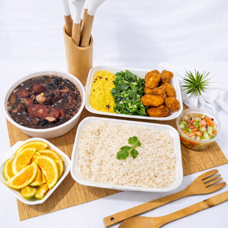 Acompanha uma porção de arroz em media de 500g, uma porção de feijoada 700g, uma vinagrete 300ml, e uma porção com banana a milanesa, couve refogada e farofa da casa. Experimente ! Escolha o melhor tamanho.