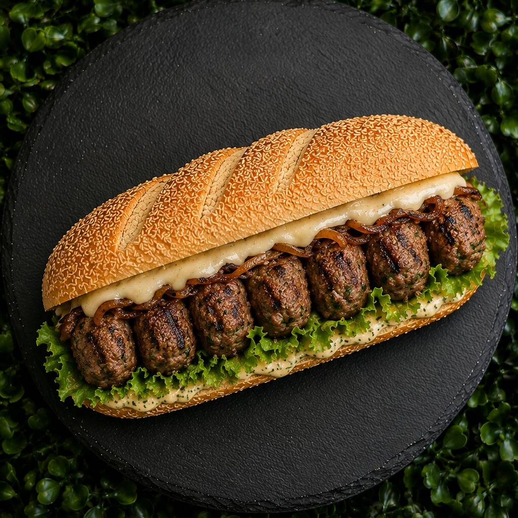 Baguete recheada de Kafta bem temperada, molho especial da casa e complementos à sua escolha.