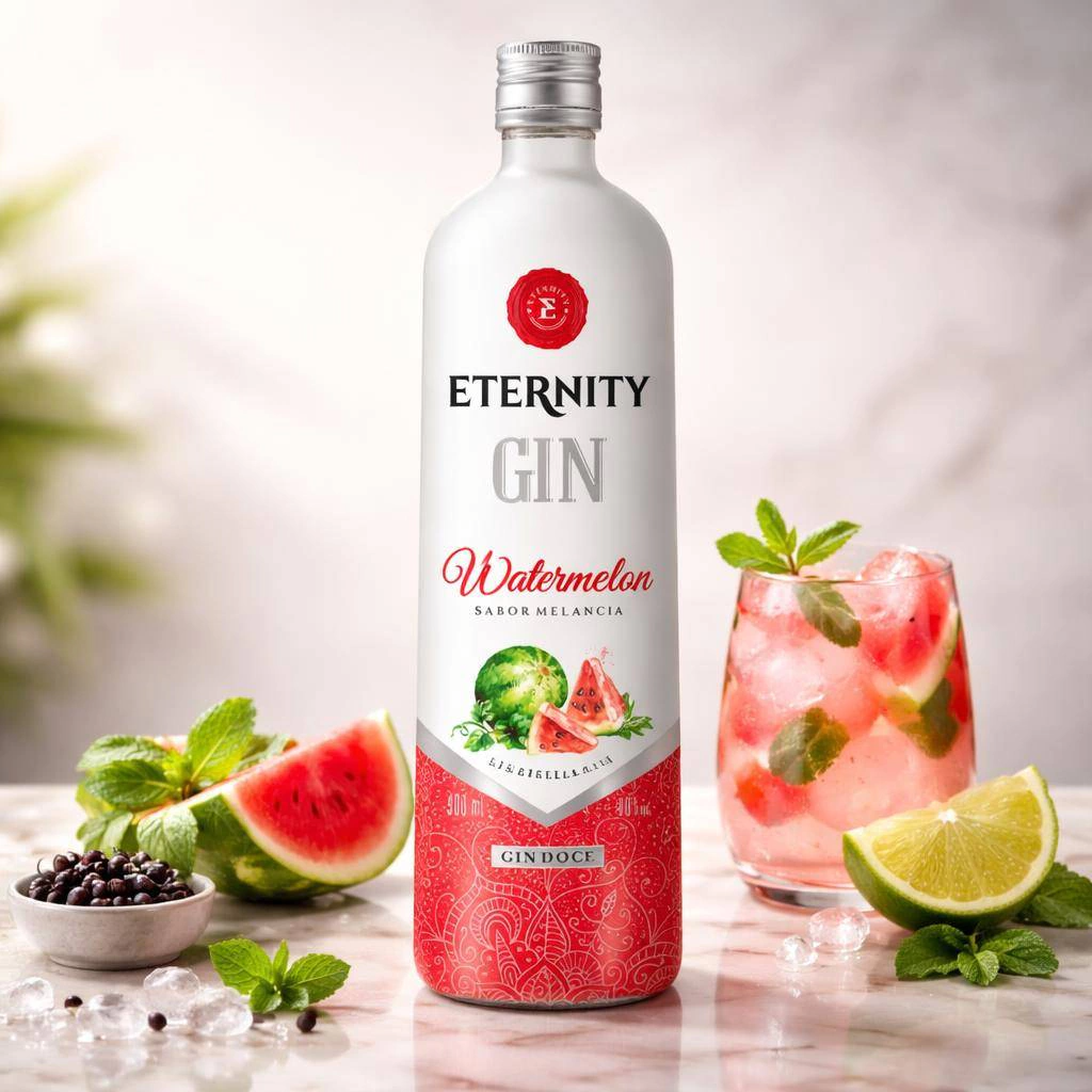Deliciosa Dose de Gin Eternity Melancia, Com Baly, e gelo, Copão de 770ml