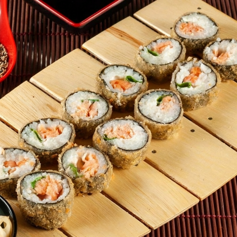 Salmão, cream cheese, arroz japonês e cebolinha envoltos em alga com cobertura crocante de farinha Panko