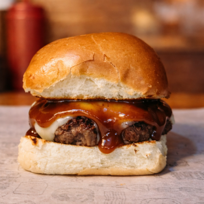 Pão de brioche, blend de 120g, mussarela, bacon e barbecue.