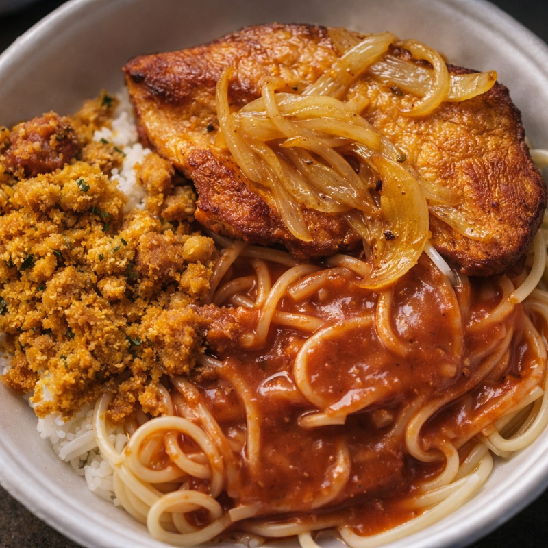 Arroz, Feijão, Macarrão com molho vermelho, Farofa e Filé de Frango grelhado