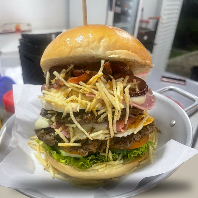 Pão, 2 carnes, 2 ovos, queijo, presunto, calabresa, salada e batata palha