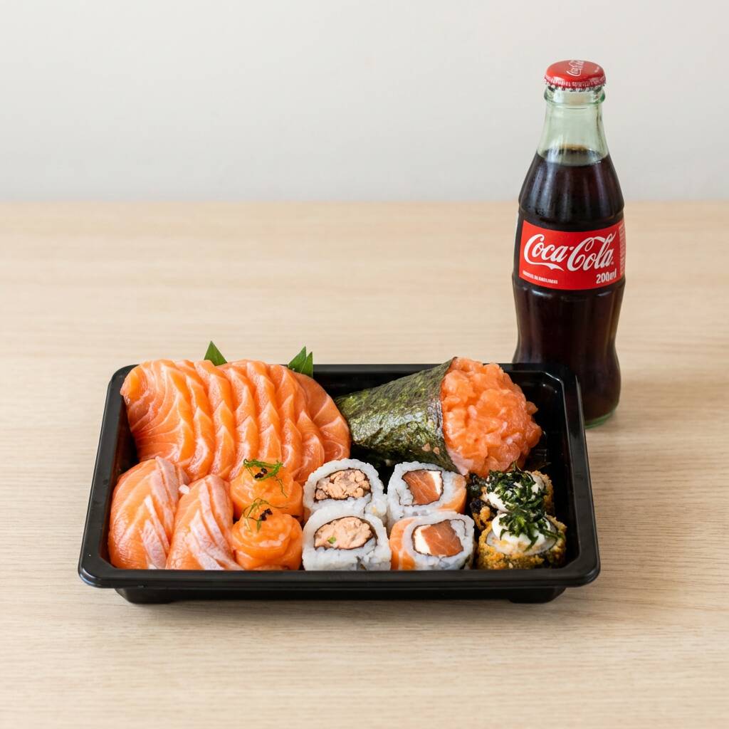 1 Temaki Mini Salmão completo - 08 Sashimi de Salmão 02 Niguiri Salmão 02 Joe Salmão 02 Uramaki salmão 02 Uramaki Salmão grelhado 02 Hot-roll