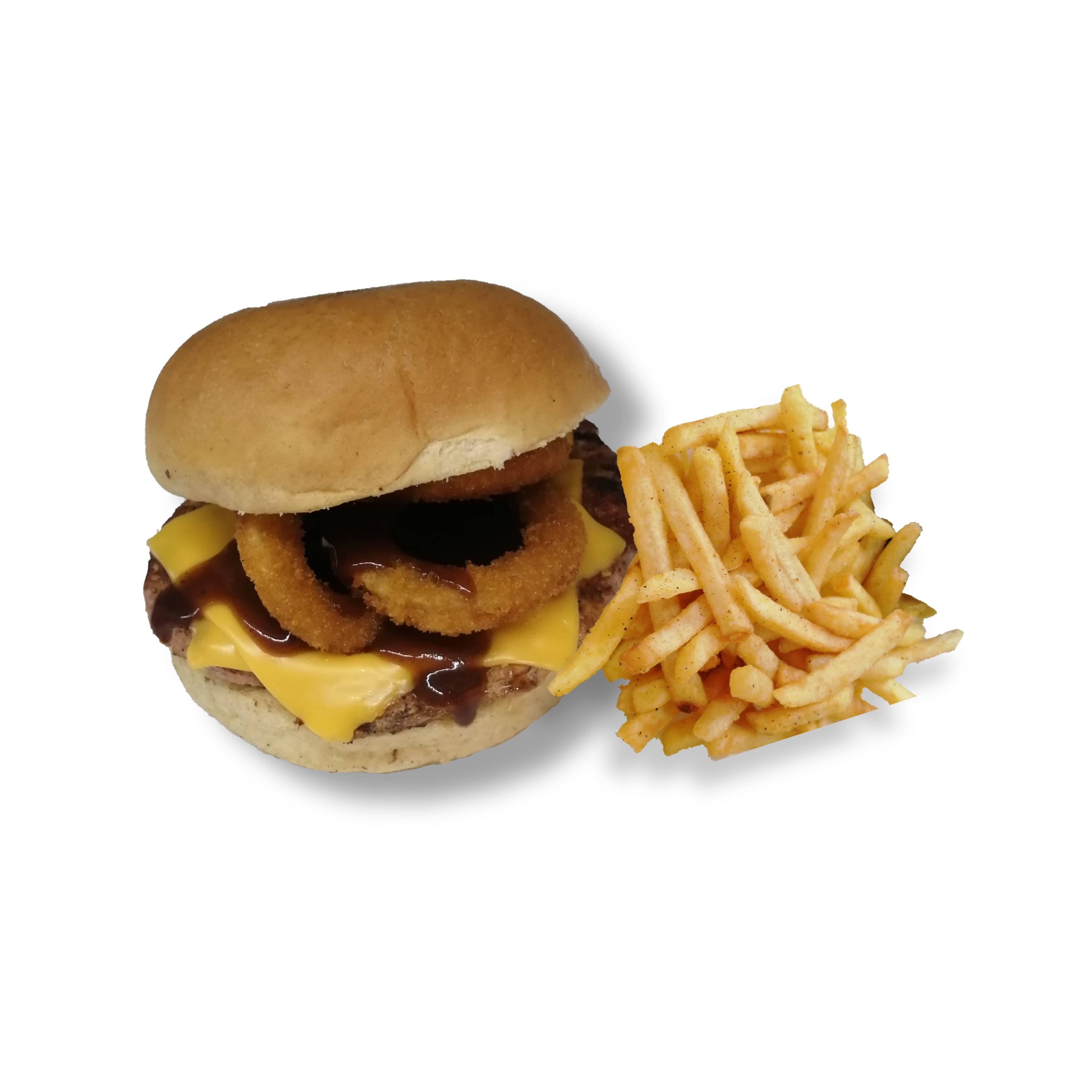 Para 2 hamburguesas aros BBQ + papas
