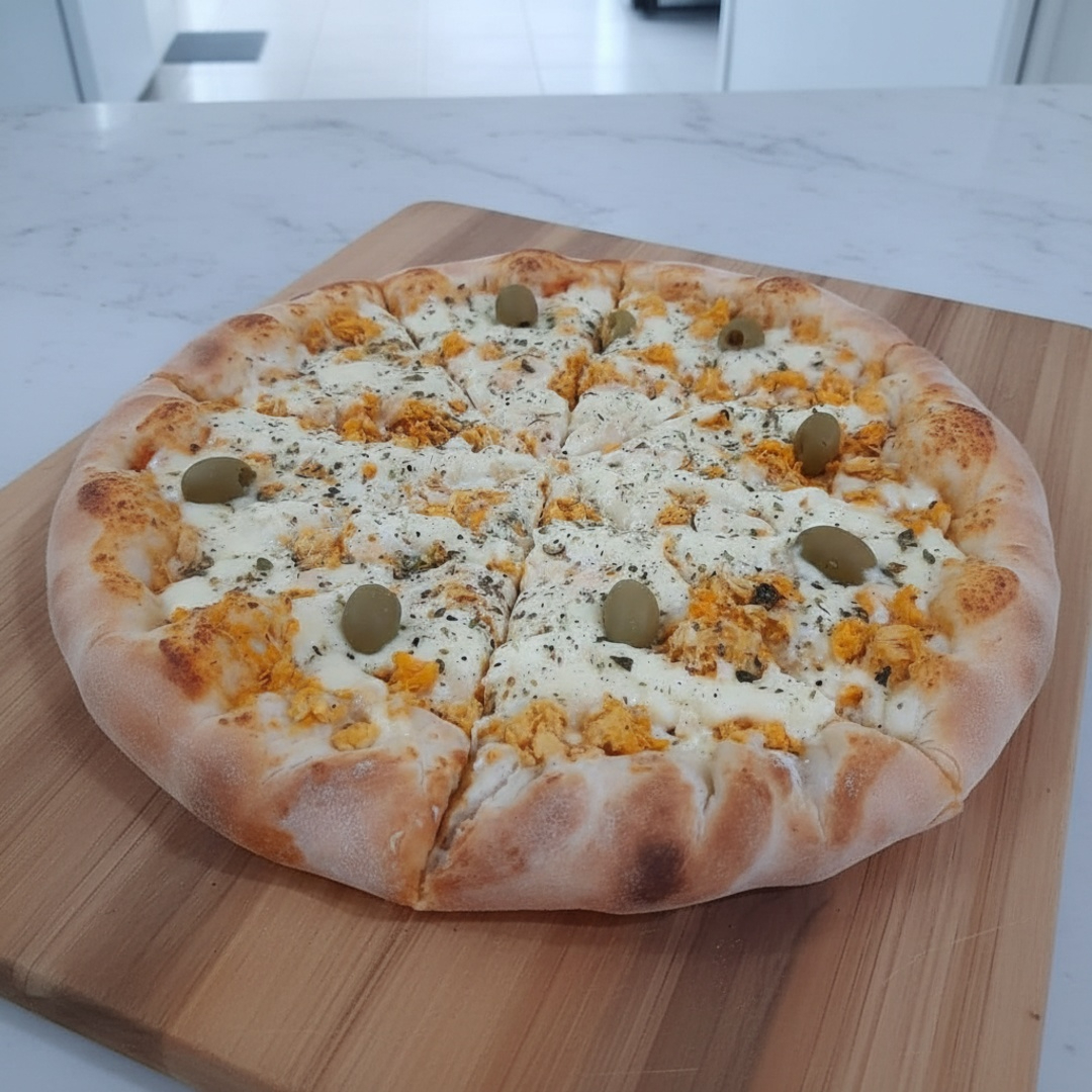 Pizza de Frango com Catupiry(Original), Massa artesanal, feita e aberta na hora, com produtos de qualidade e fresquinhos.Sugerimos acrescentar Borda Recheada, sua Pizza ficará ainda mais Gostosa! **Serve bem até 4 pessoas.
