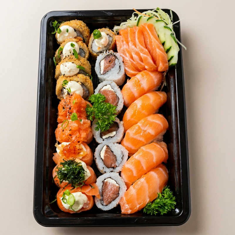 5 sashimis de salmão
5 niguiris de salmão
5 uramakis de salmão
5 joys variados
5 hot rolls