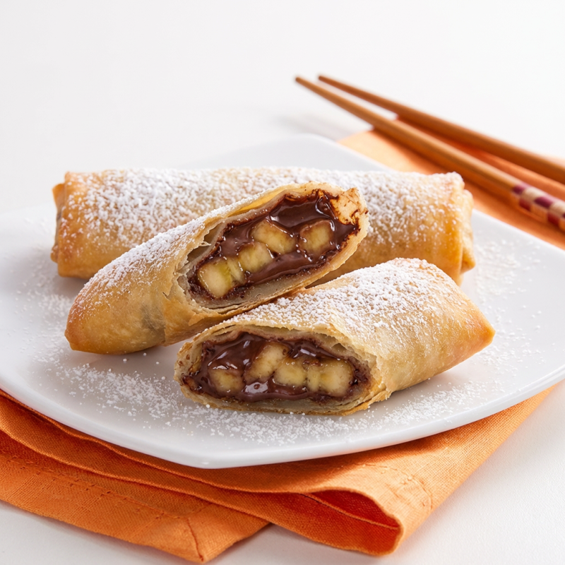 Uma versão doce do rolinho primavera, recheado com banana e chocolate, polvilhado com açúcar.