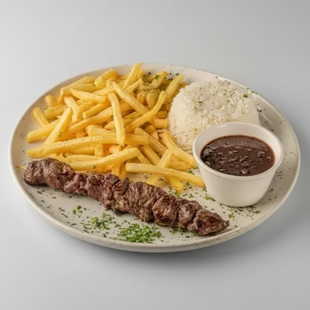 Espeto de Alcatra, Arroz, Feijão e Batata Frita