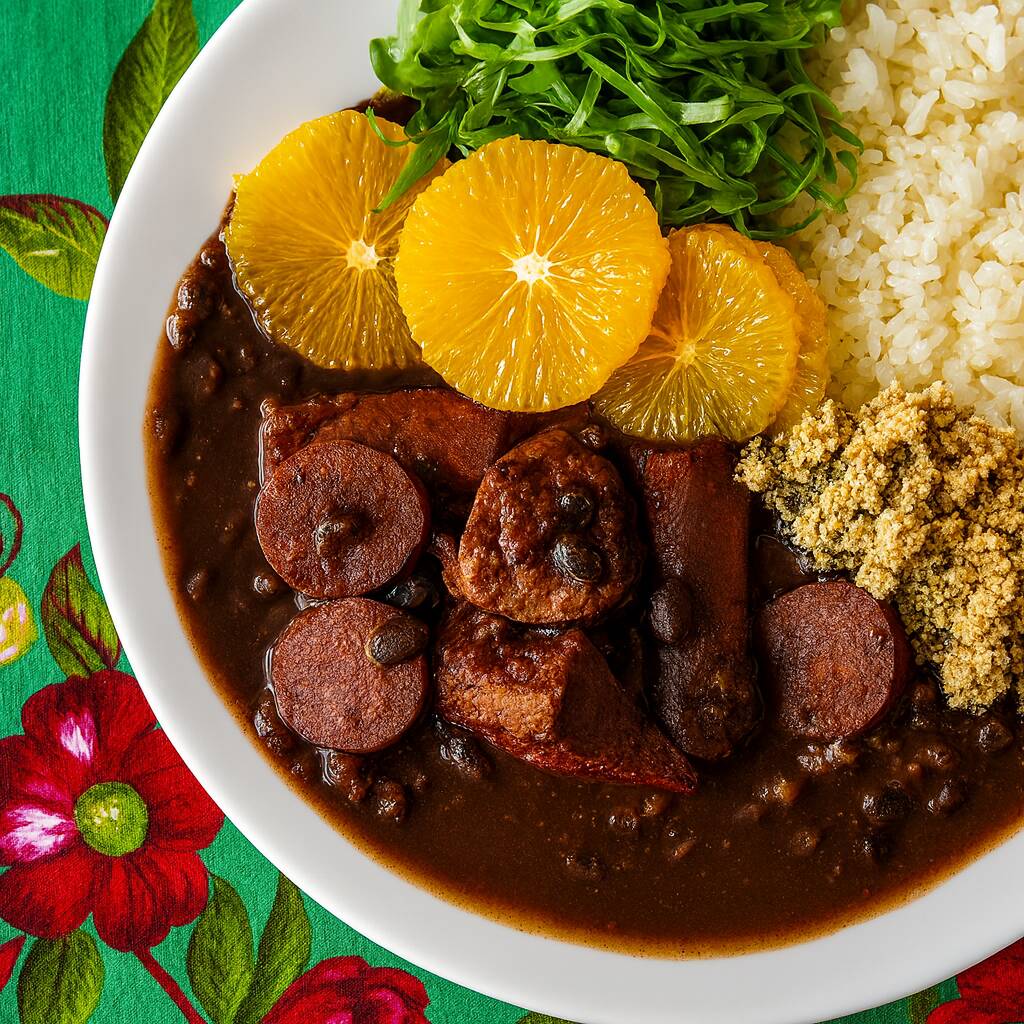 Arroz, feijoada caprichada (calabresa, bacon e costelinha), farofa de cebola, couve refogada no alho e laranja!