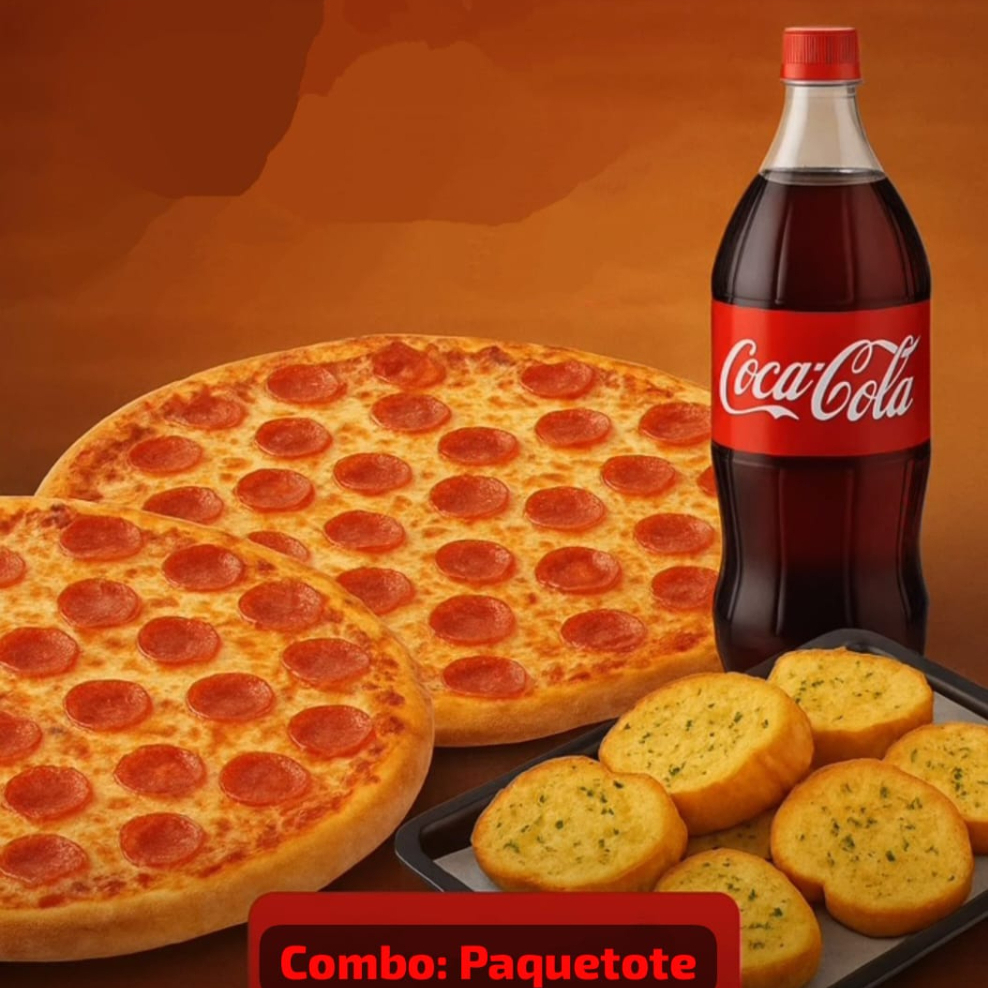2 Pizzas, Refresco & Panecillos