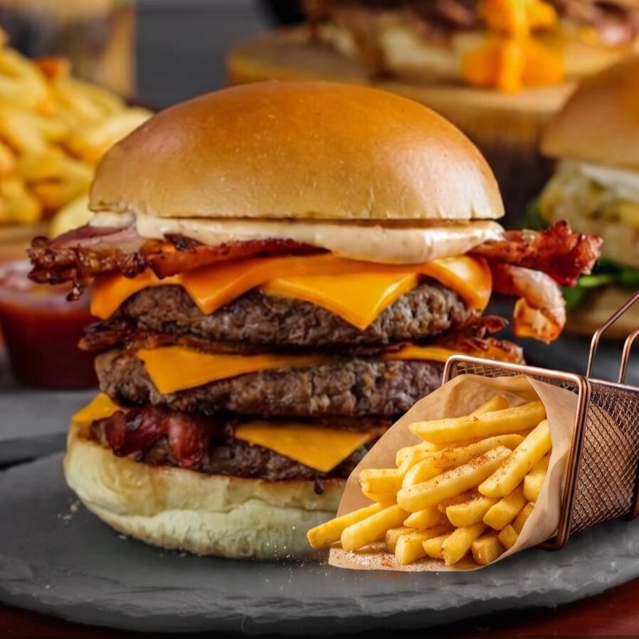 1 Triplo barbecue + 1 Fritas P + 1 Refrigente Lata
3 carnes bovinas 55g, cheddar cremoso, bacon em cubos, salada rica e molho do chefe.