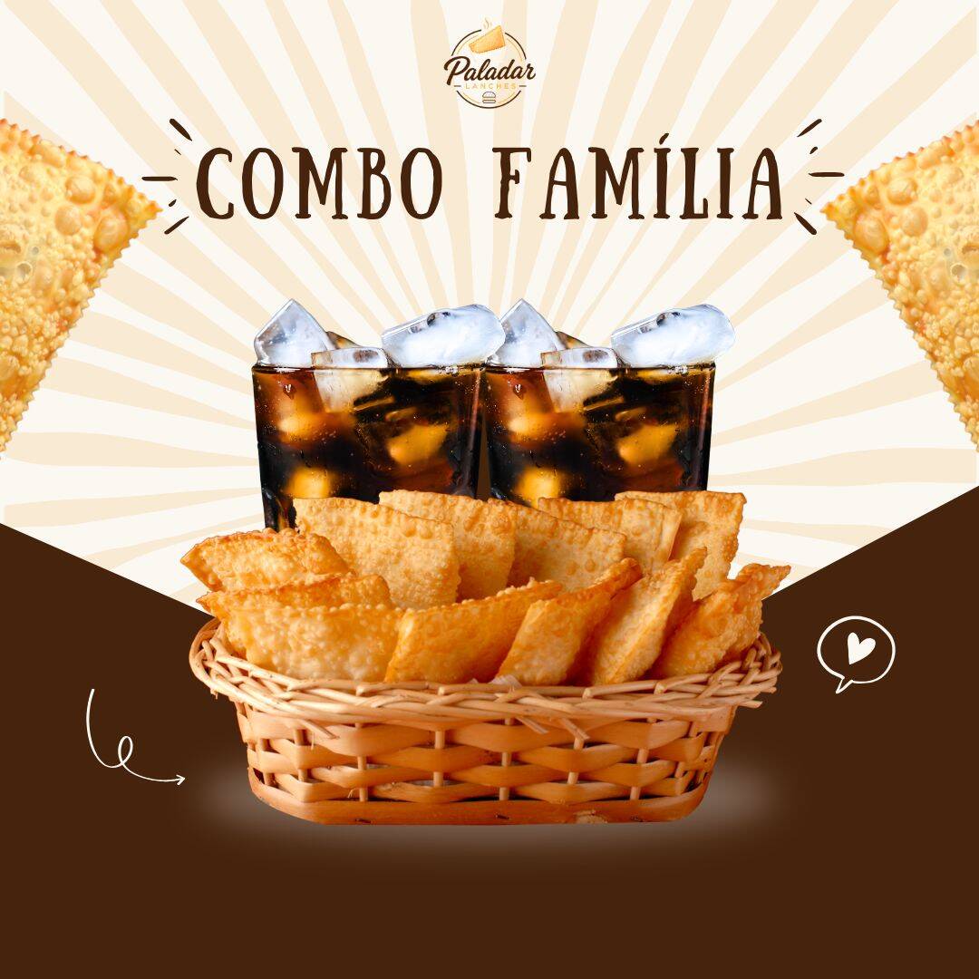 Delicioso combo 'Família P', perfeito para ocasiões especiais. São 6 pastéis de feira, preparados com cuidado, com a autêntica crocância e sabor inconfundível que você adora. Acompanha um refrigerante de 1 litro, perfeitamente gelado para refrescar e equilibrar a experiência. Um combo promocional que valoriza o sabor e a tradição que toda família merece!