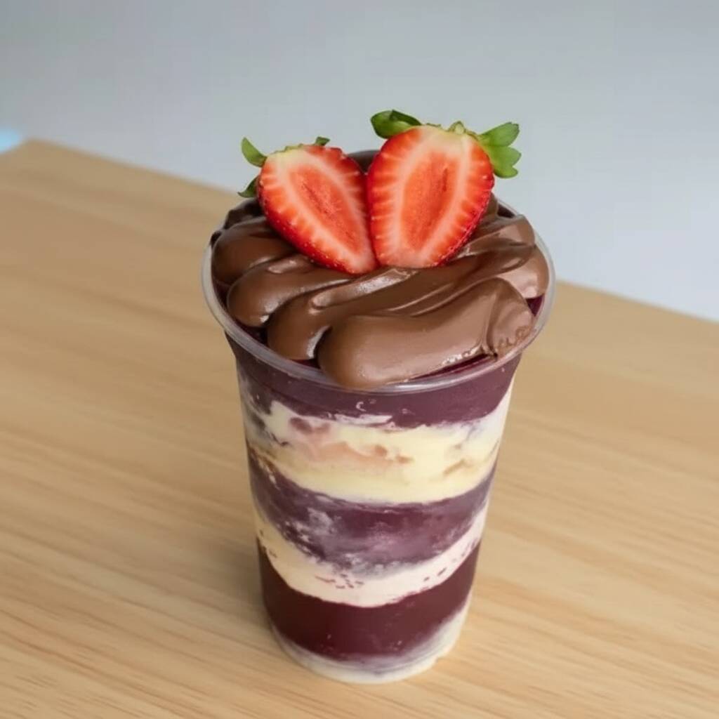 Delicie-se com nosso copo de 300ml de açaí! Monte do seu jeito! Escolha seus sabores e leve 4 acompanhamentos grátis. A combinação tropical perfeita para um Dia refrescante e cheio de sabor!
