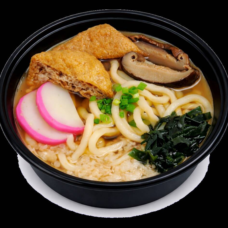 O kitsune udon é um macarrão preparado artesanalmente no próprio restaurante, com molho a base de peixe, kamaboco, shitake e tenkasu. O macarrão do udon é mais grosso e macio