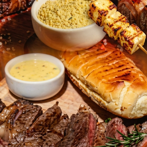 combo contem 1 queijo coalho,1 pão de alho, 1 espetinho de carne, 1 espetinho de frango.