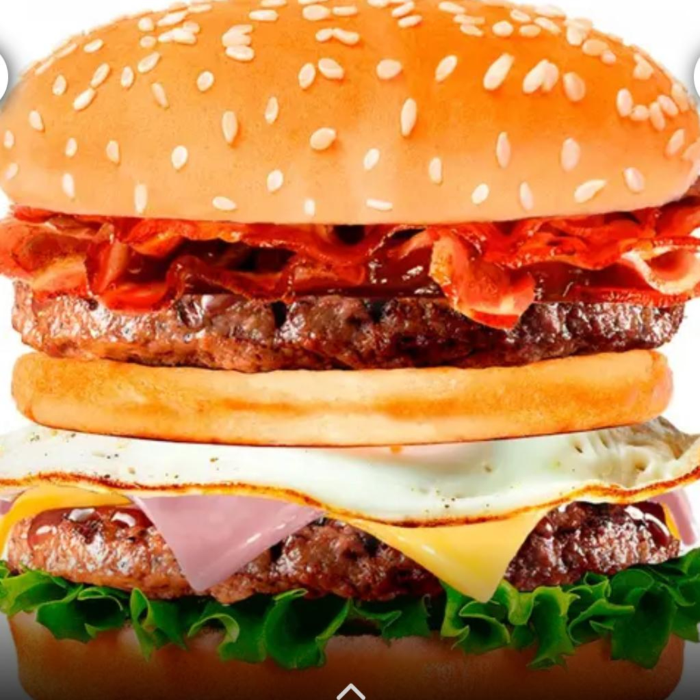 Loucos Nº5 ( Pão, 2 Carnes de Hambúrguer, Provolone, Ovo, Bacon, Cheddar Fatiado, Presunto, Molho Especial e Salada )