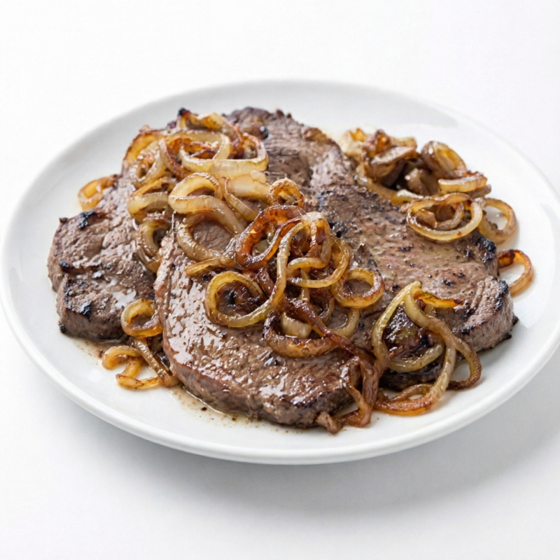 Bife grelhado, macio e suculento, finalizado com cebola dourada e bem temperada.