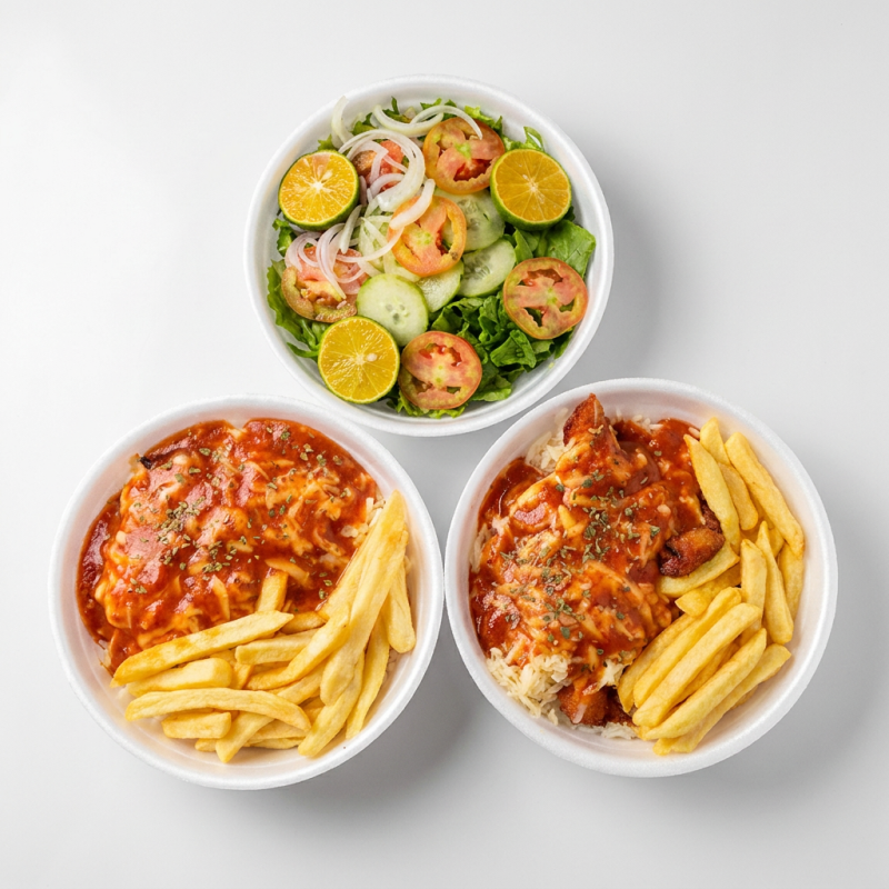 2 marmitas medias de parmegiana de frango com fritas da casa + salada da casa