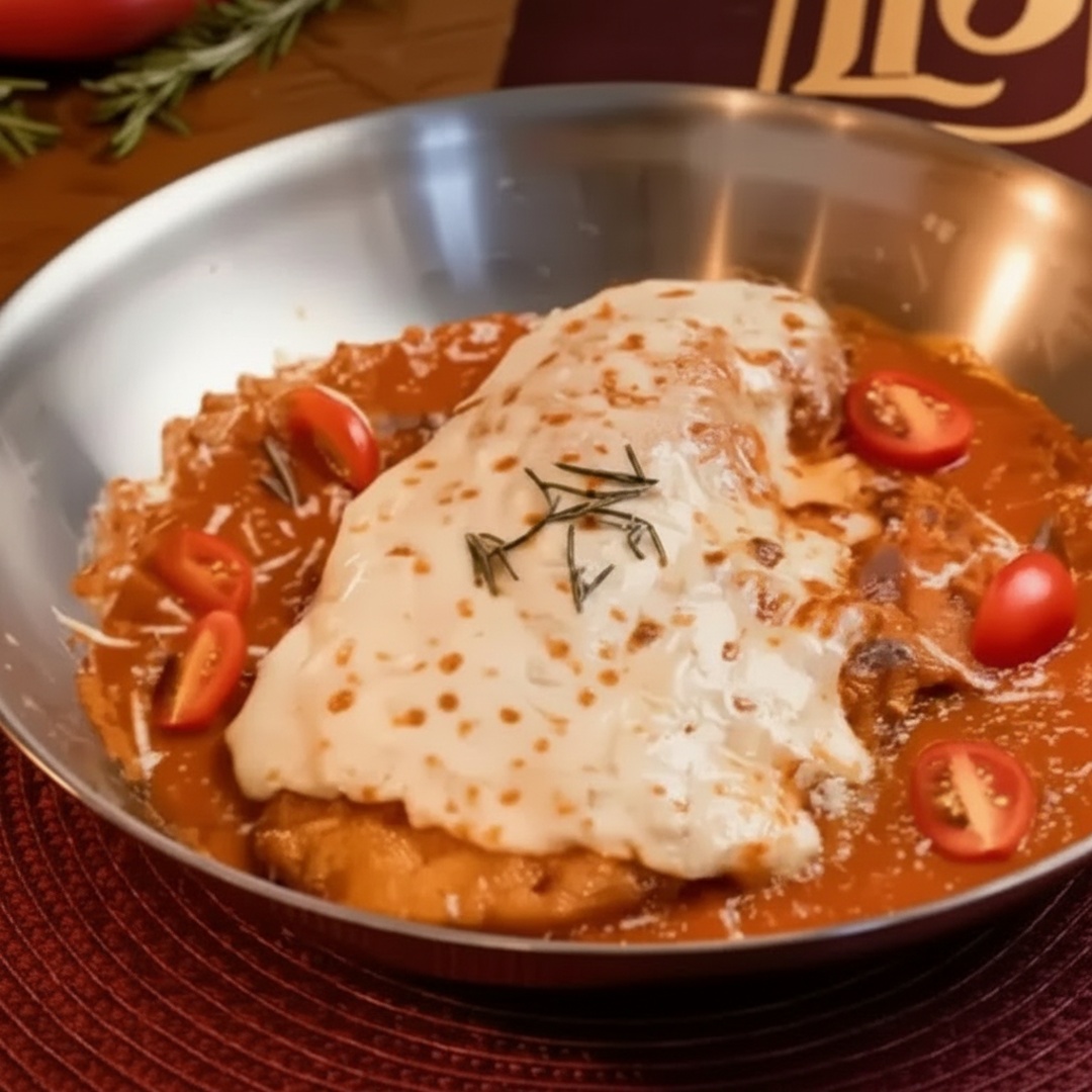 Filé de frango à parmegiana com mussarela gratinada, acompanha arroz branco e batata frita