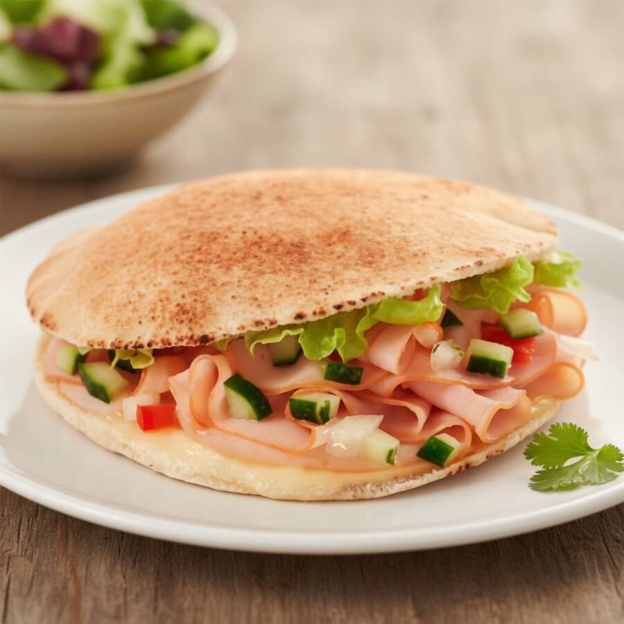 Pão Sirio, Peito De Peru, Catupiry, Cebola E Bacon, Alface, Tomate E Maionese