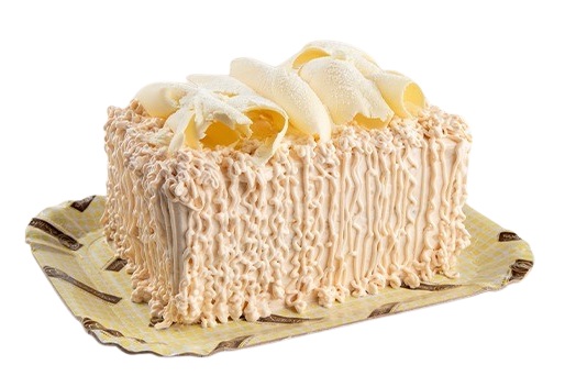 Bolo de massa branca integral, recheio de mousse de leite em pó zero açúcar, cobertura de mousse de leite em pó zero açúcar, decorado com raspas de chocolate branco baixo em açúcares e finalizado com