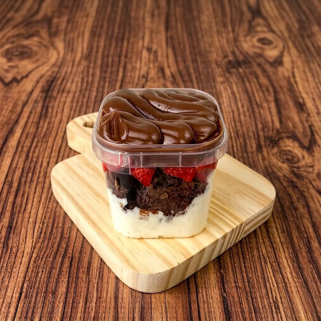 Uma explosão de sabor em camadas! Brownie artesanal fofinho, coberto com um delicioso creme de leite Ninho, pedaços frescos de morangos picados e finalizado com um irresistível creme de brigadeiro cremoso. A combinação perfeita entre o doce do brigadeiro, a leveza do Ninho e o toque azedinho da fruta.