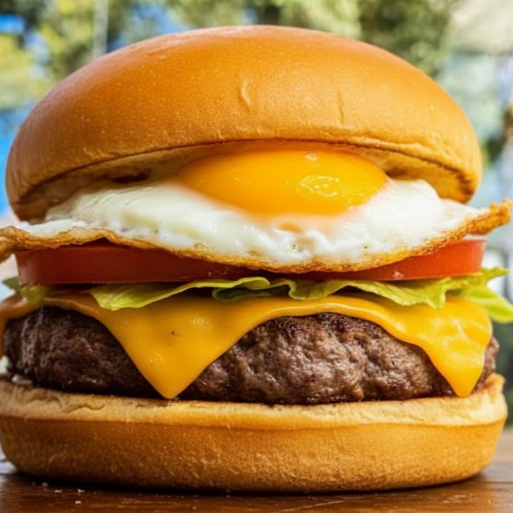 Pão, carne, maionese temperada, queijo, ovo e salada