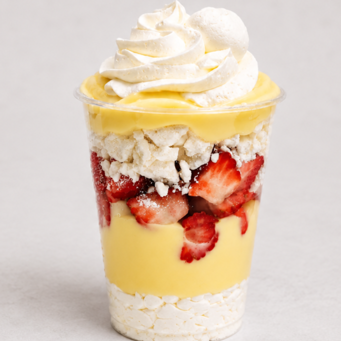 Camada de chantininho super leve, creme de ninho delicioso, morangos frescos cortadinhos e suspiros crocantes que derretem na boca. Uma sobremesa gelada, delicada e viciante, feita para quem ama doce na medida certa. Serve 1 pessoa. +-250gr