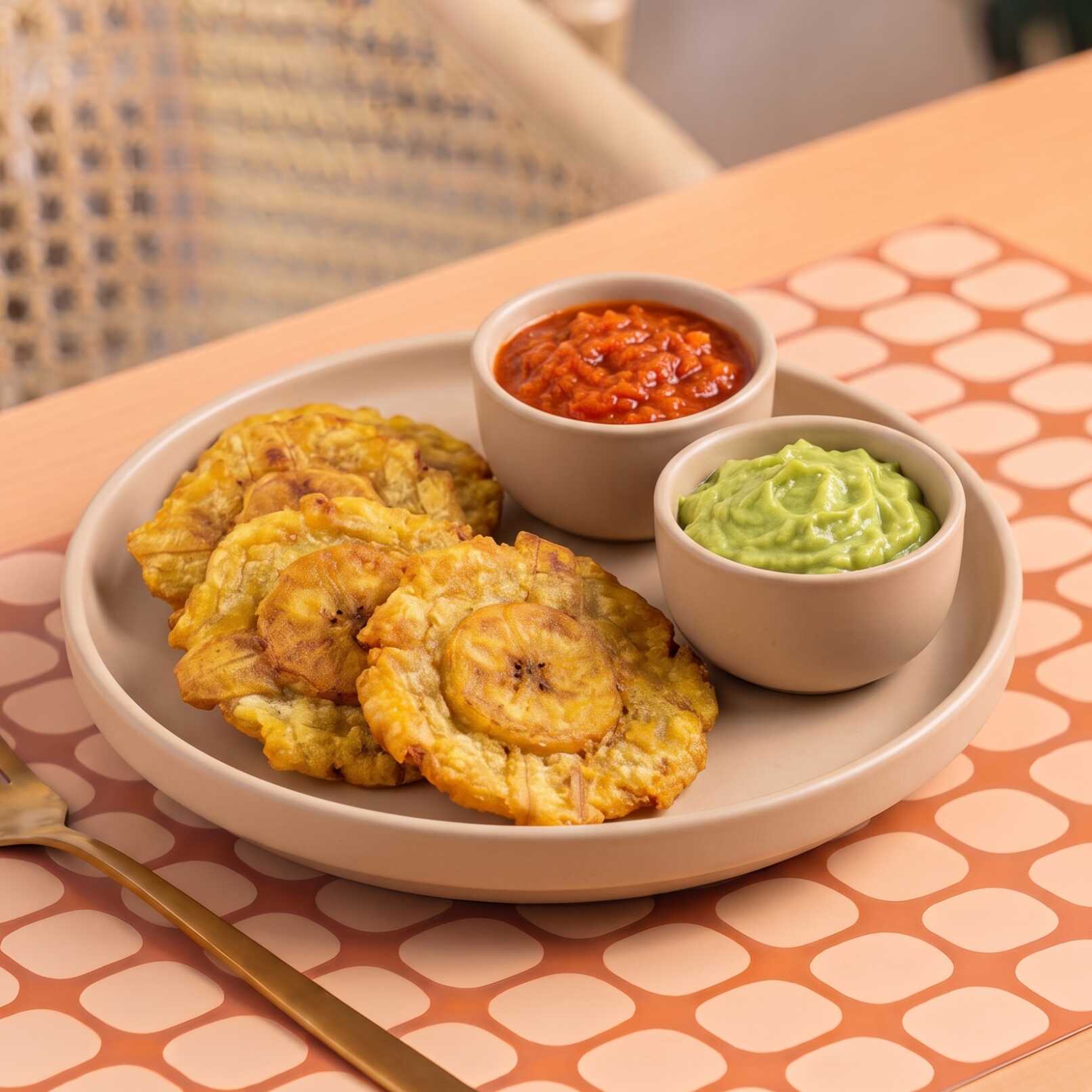 Patacones con Hogao y Guacamole Bowl
